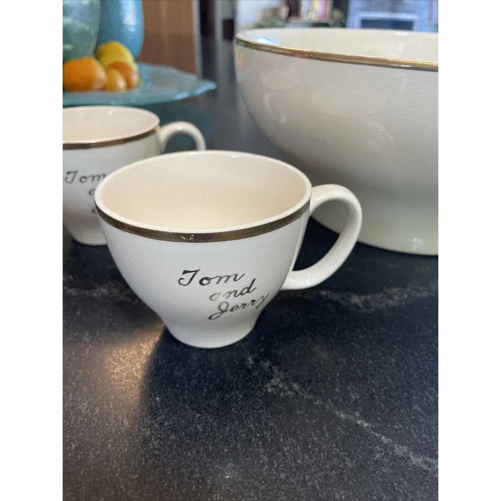 TOM AND JERRY PUNCH BOWL WITH 4 TEA CUPS UNIVERSAL CAMBRIDGE 22k Gold Rim